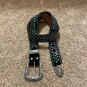 Nocona Western Black Leather Turquoise & Studs Belt Sz M